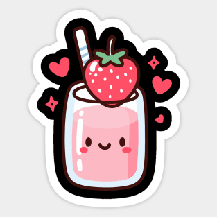 Cute Kawaii Strawberry Milkshake with a Smiley and Hearts | Design for Kawaii Lovers Sticker